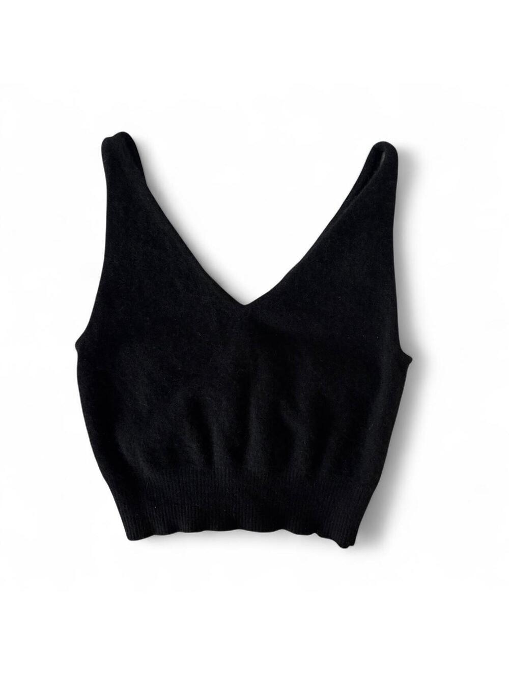 Quince 100% Mongolian Cashmere Cropped Bralette Tank Top Small Black V-Neck